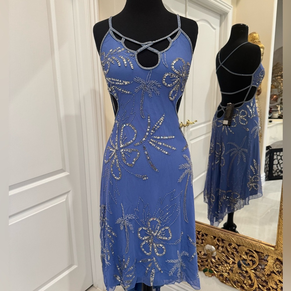 Elegant‎ hand, beaded, sapphire Blue short Attitudes by Debra Dress